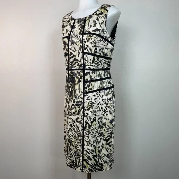 Ann Taylor Sheath Dress 2 Animal Print Sleeveless Black Ivory Green Women's - Picture 3 of 13